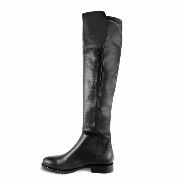 Botte Jennifer Botte au genou en cuir noir avec des clous sur la montre
